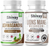 Ashwagandha + Lions Mane Bundle 1000mg per Tablet Focus + Calm + Mental Performance + Brain Fog Natural Supplement - Vegan Tablets - Made in The UK by Shivay Herbals