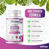 Biotin 10,000mcg Supplement - 180 Tablets - 6 Month Supply - High Strength Hair, Skin & Nail Support - Vegan & Made in The UK by Shivay Herbals