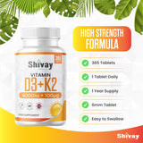 Vitamin D3 4000iu & Vitamin K2 100ug - 365 Vegetarian Tablets - High Strength Vitamin D3 K2 (MK 7) Supplement - 1 Year Supply - Made in The UK - Shivay Herbals