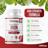 Iron 14mg Tablets - 180 Vegan Tablets - 6 Month Supply - High Strength Ferrous Fumarate Supplement - for Tiredness & Fatigue - Made in The UK by Shivay Herbals