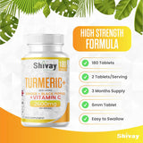 Turmeric Curcumin 2600mg Per Serving - with Added Ginger, Black Pepper & Vitamin C - 180 Vegan Tablets - 3 Month Supply - High Strength Curcumin Natural Supplement - Made in The UK by Shivay Herbals