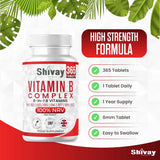 Vitamin B Complex - 365 Vegan Tablets 1 Year Supply - All 8 Essential High Strength B Vitamins B1, B2, B3, B5, B6, B12, Folic Acid, D-Biotin - for Immune Support, Tiredness & Fatigue - Made in the UK by Shivay Herbals