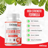 Vitamin B12 High Strength 1000mcg Supplement - 180 Vegan Tablets - 6 Month Supply - VIT B12 Methylcobalamin - Reduce Tiredness & Fatigue - Made in The UK by Shivay Herbals